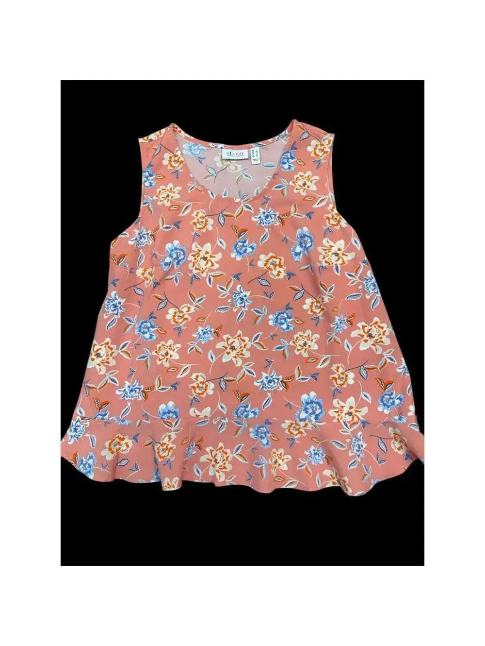 d&co Denim + Company Top Womens L Coral Pink Floral Sleeveless Ruffle Hem Tank